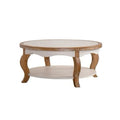 GDFStudio Juno Modern Wooden Round Coffee Table with Glass Top and Curved Legs, Natural Wood
