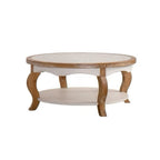 GDFStudio Juno Modern Wooden Round Coffee Table with Glass Top and Curved Legs, Natural Wood
