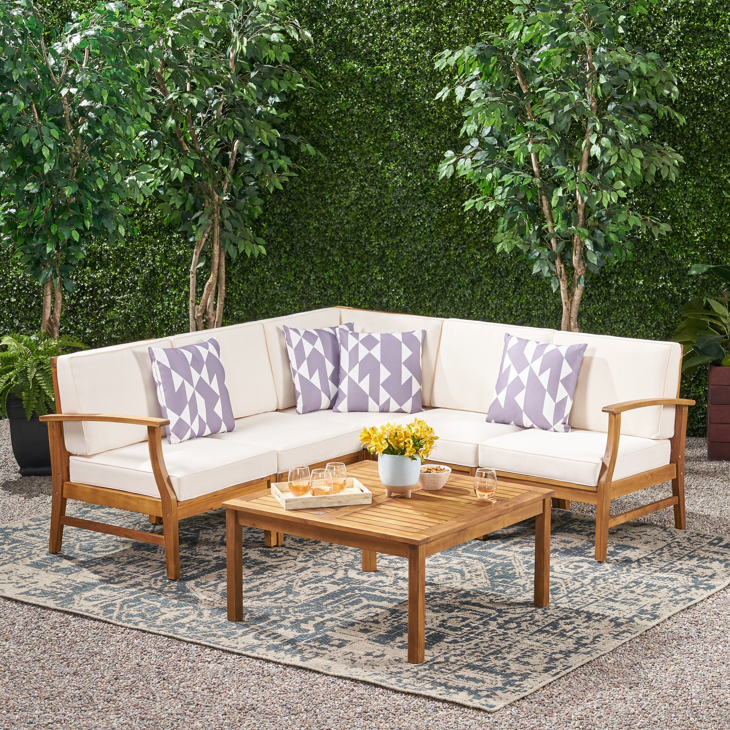 Christopher Knight Home Perla Outdoor Acacia Wood 5 Seater Sectional Sofa Chat Set with Water-Resistant Cushions, Teak/Cream