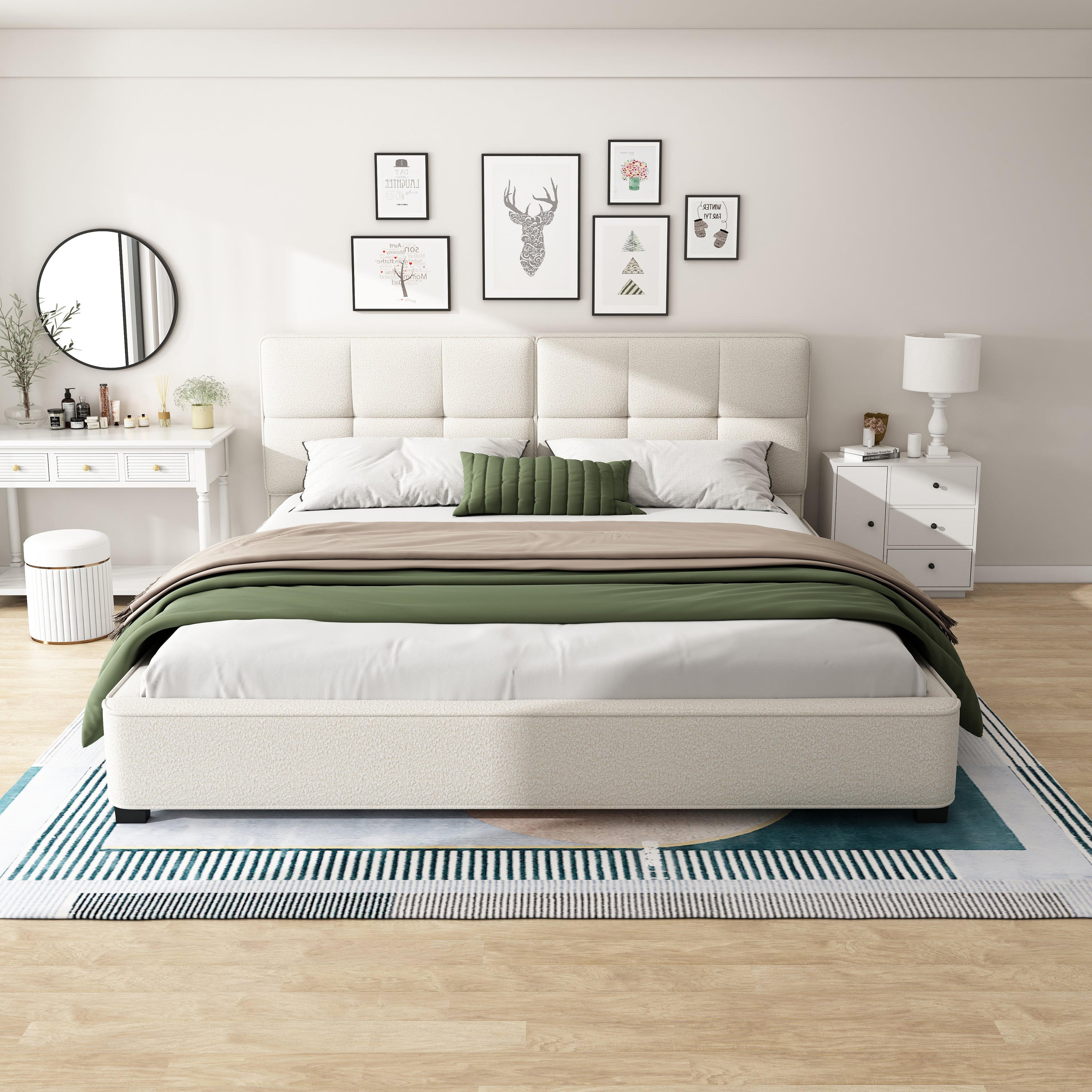 Christopher Knight Home Modern Boucle Upholstered Platform Bed with Tufted Headboard,King