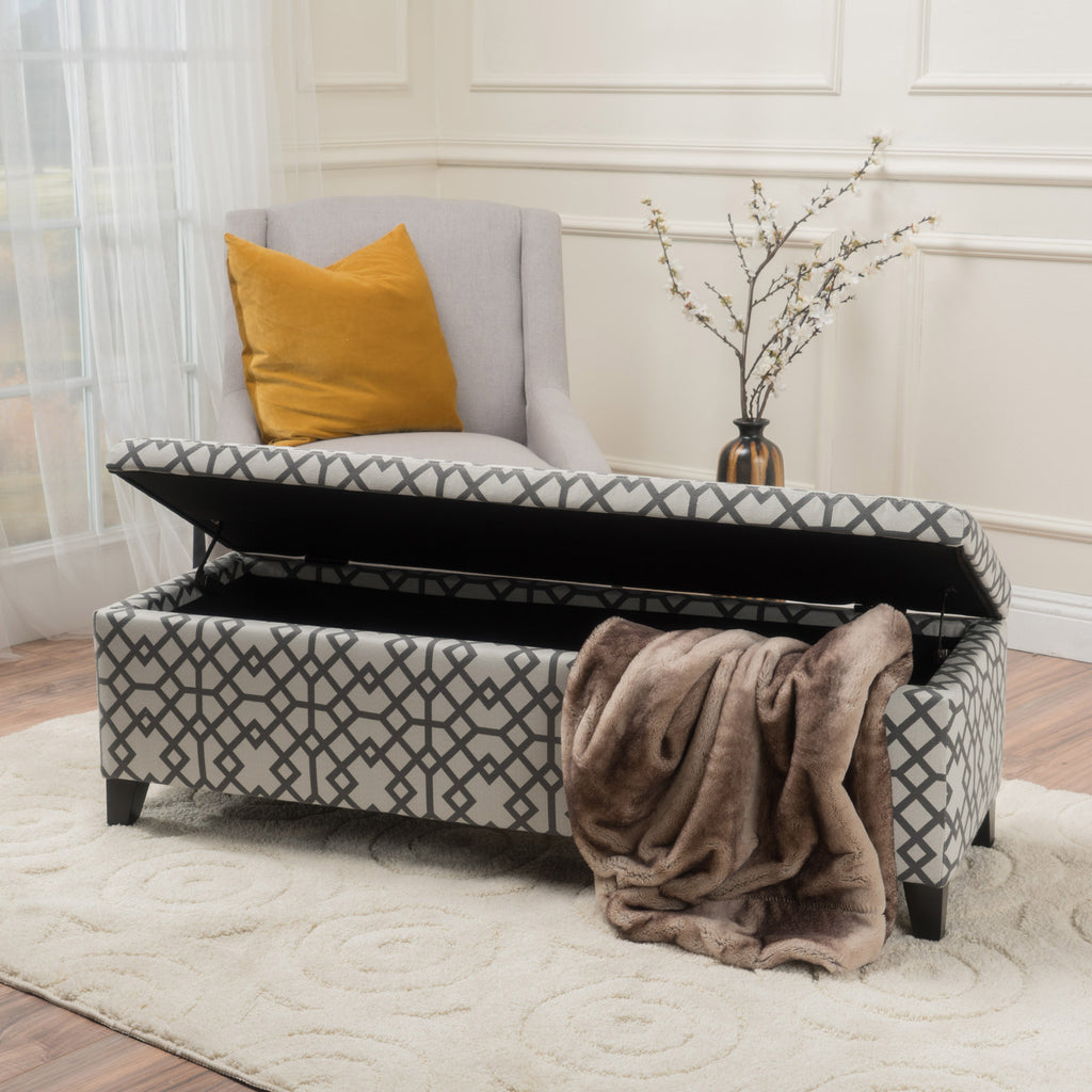Storage Bench Ottoman with Hidden Storage & Geometric Gray-White Upholstery