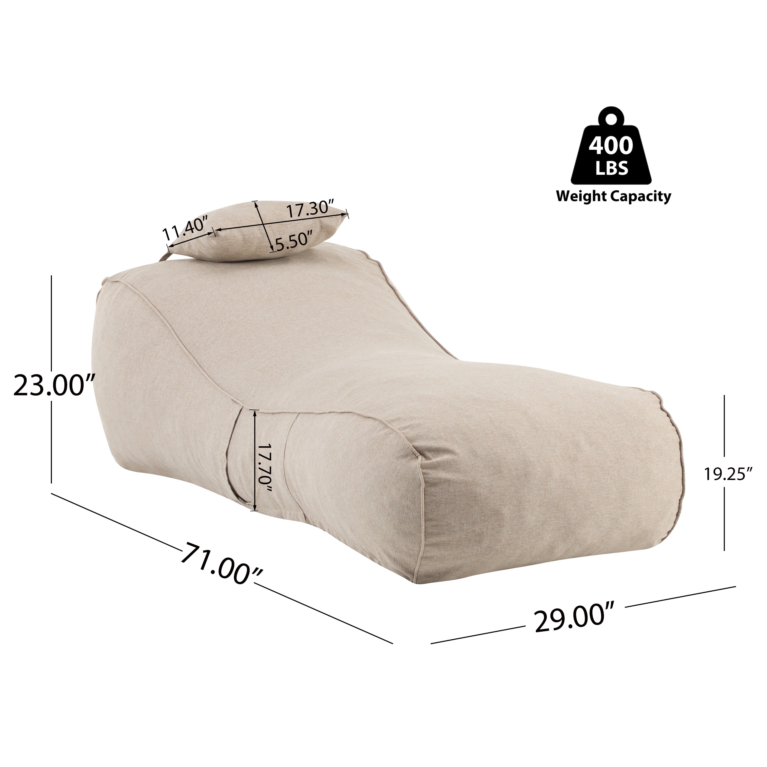 Outdoor Bean Bag Lounge Chair with Headrest, Ergonomic Shredded Foam Patio Lounger, Weather-Resistant Beige Bean Bag Sofa