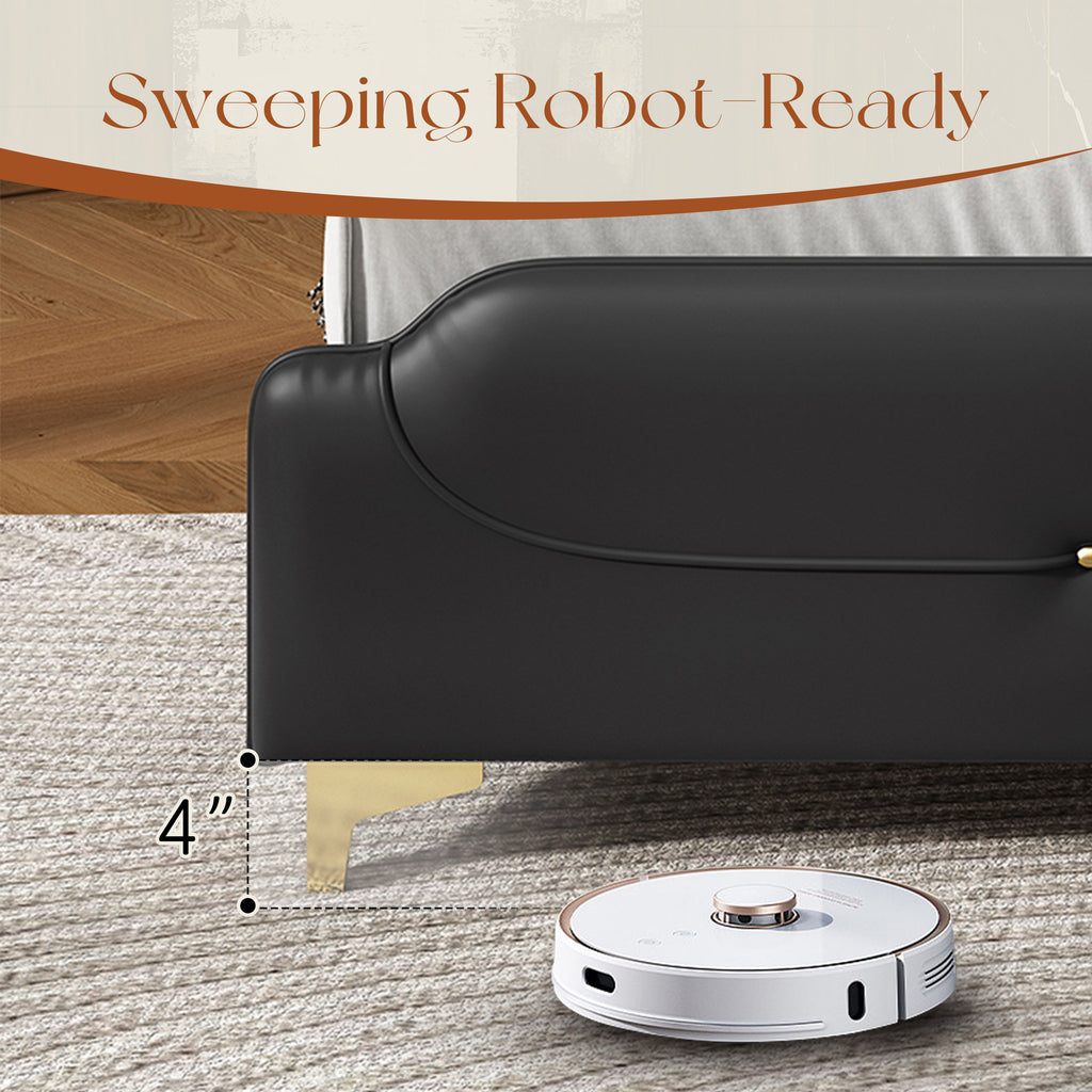 Christopher Knight Home Modern Faux Leather Platform Bed with Gold Metal Accents & Sturdy Wood-Metal Frame