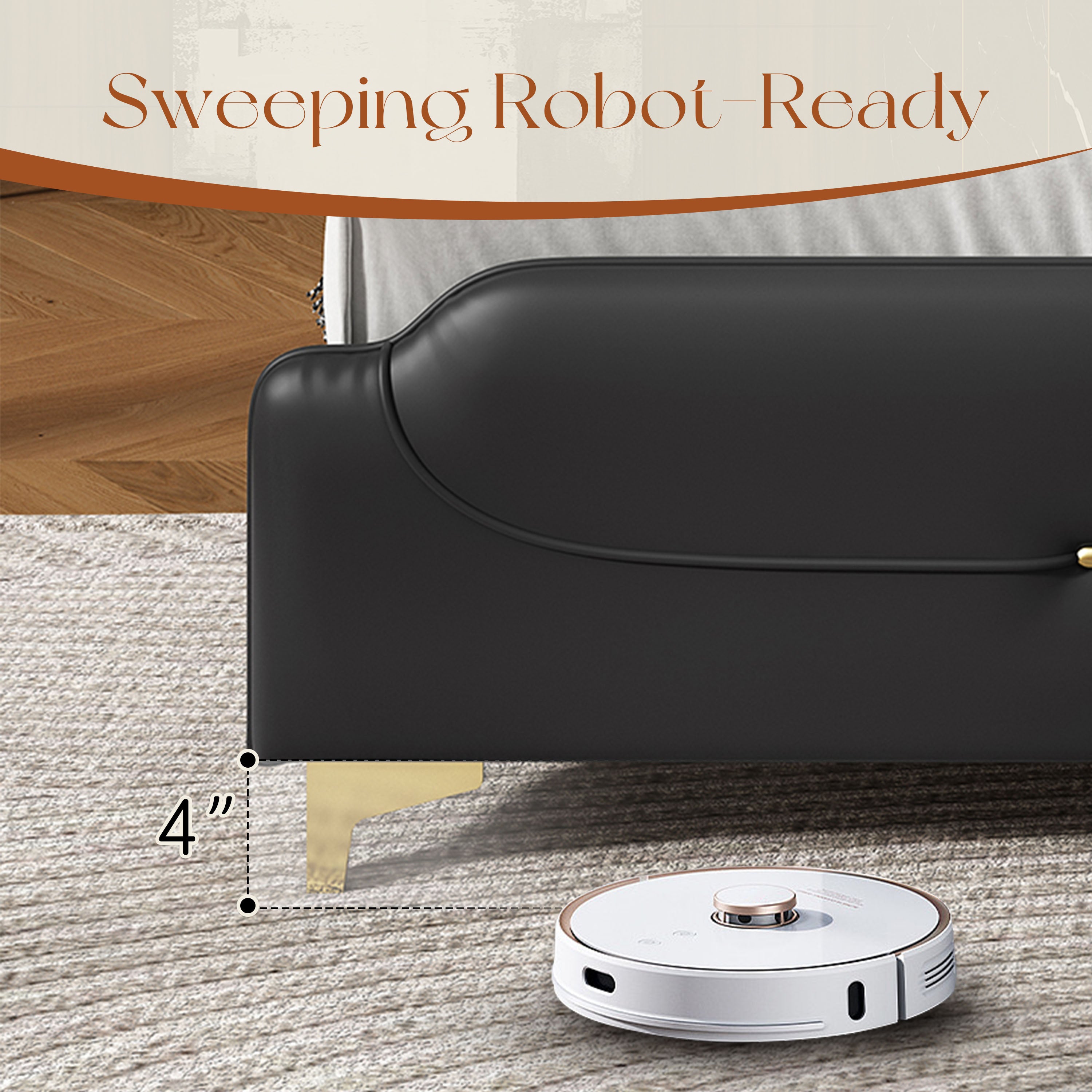 Christopher Knight Home Modern Faux Leather Platform Bed with Gold Metal Accents & Sturdy Wood-Metal Frame