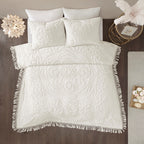 GDFStudio Kaede Boho Tufted Cotton Chenille Bedding Set with Medallion Fringe Coverlet and Matching Shams, Off White, King