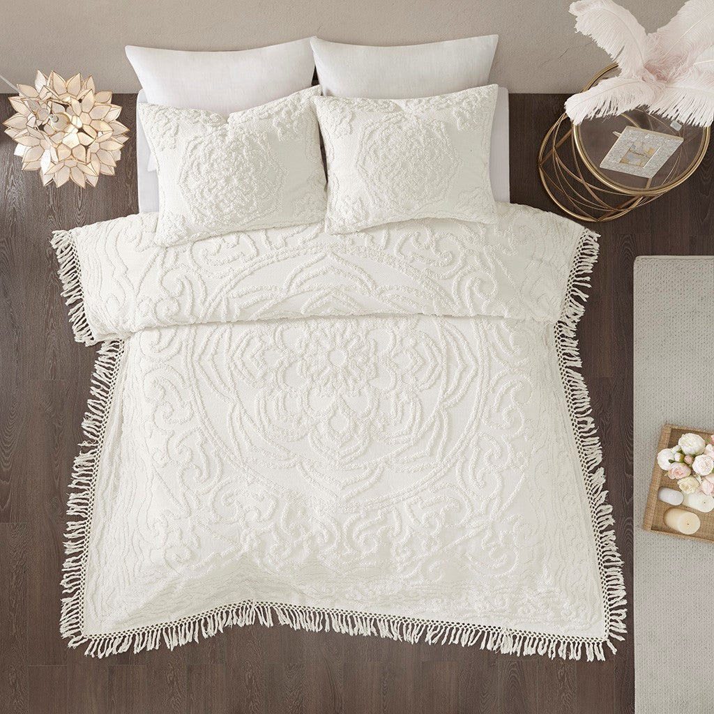 GDFStudio Kaede Boho Tufted Cotton Chenille Bedding Set with Medallion Fringe Coverlet and Matching Shams, Off White, King