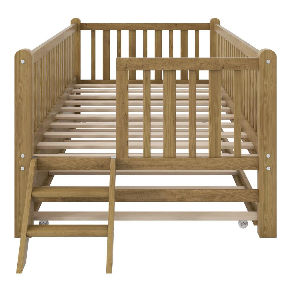 GDF Studio Kids Wooden Platform Bed with Semi-Enclosed Fence & Pull-Out Trundle