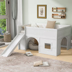 Kids Low Loft Bed with Slide & Storage Shelves, All-in-One Wooden Loft Bed with Underbed Play Fort