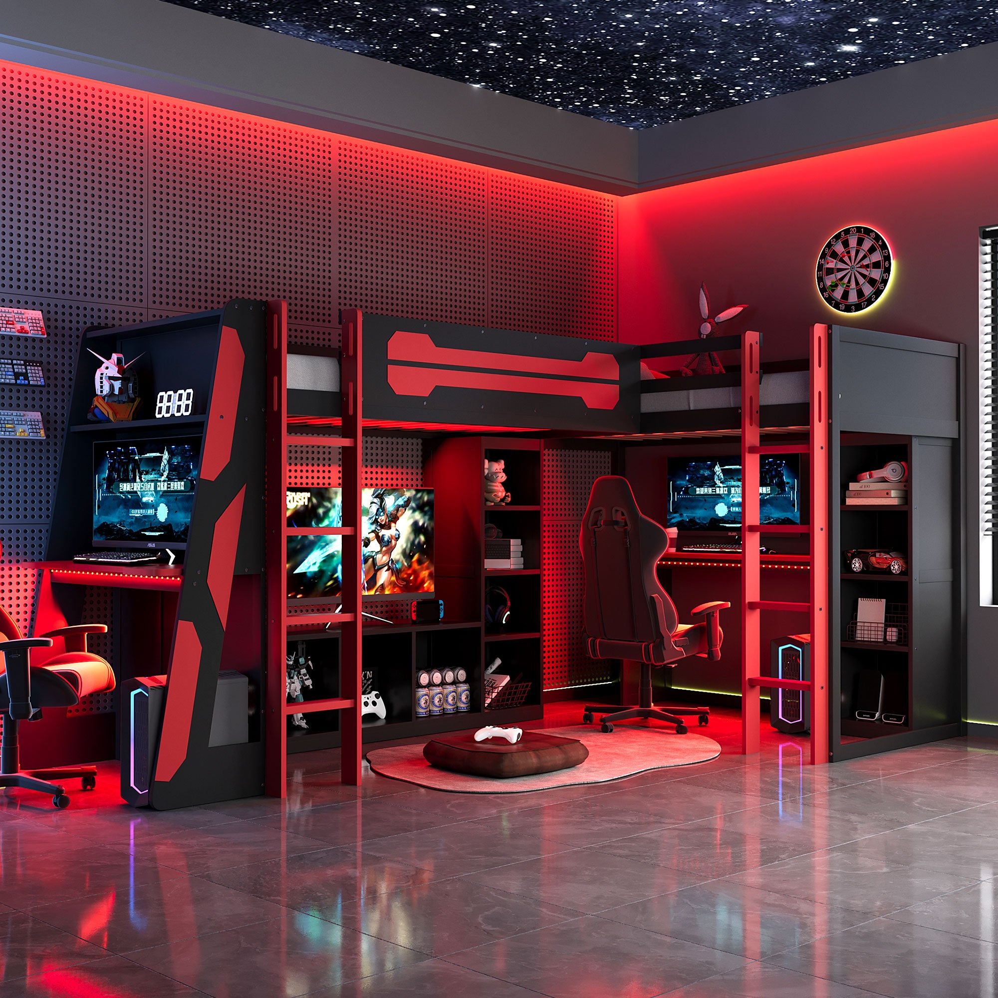 L-Shaped Twin Bunk Bed with LED Lights, USB Ports, TV Stand & Storage Shelves, Solid Wood Gaming Bed Frame