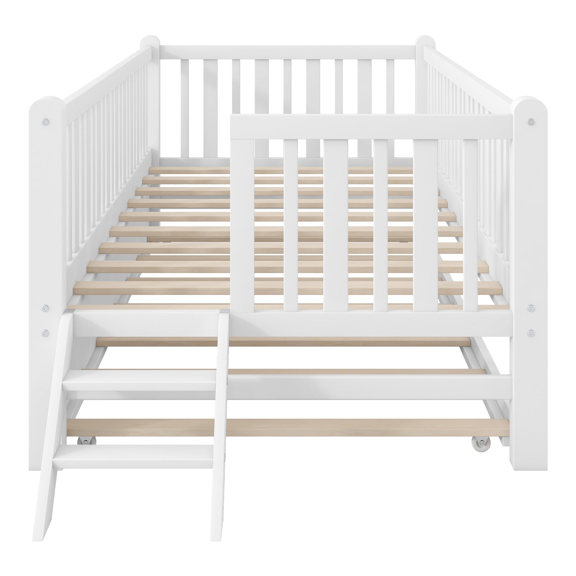GDF Studio Kids Wooden Platform Bed with Semi-Enclosed Fence & Pull-Out Trundle