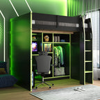 Full Size Gaming Loft Bed with Desk, LED Lights & Open Wardrobe, Space-Saving Loft Bed for Gamers & Small Rooms