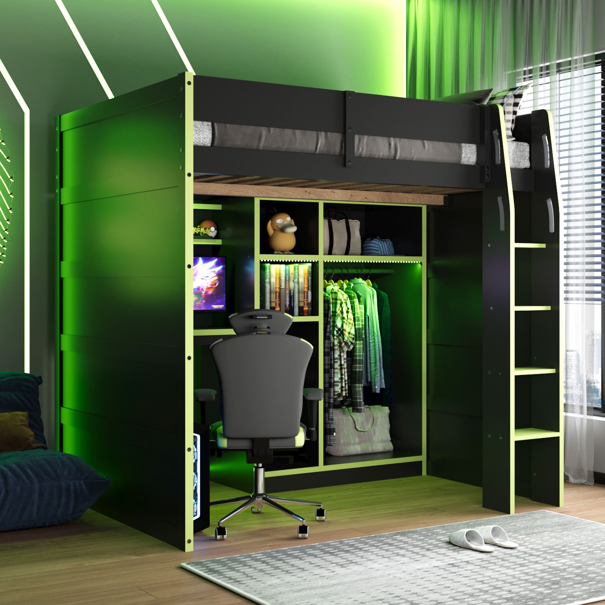 Full Size Gaming Loft Bed with Desk, LED Lights & Open Wardrobe, Space-Saving Loft Bed for Gamers & Small Rooms