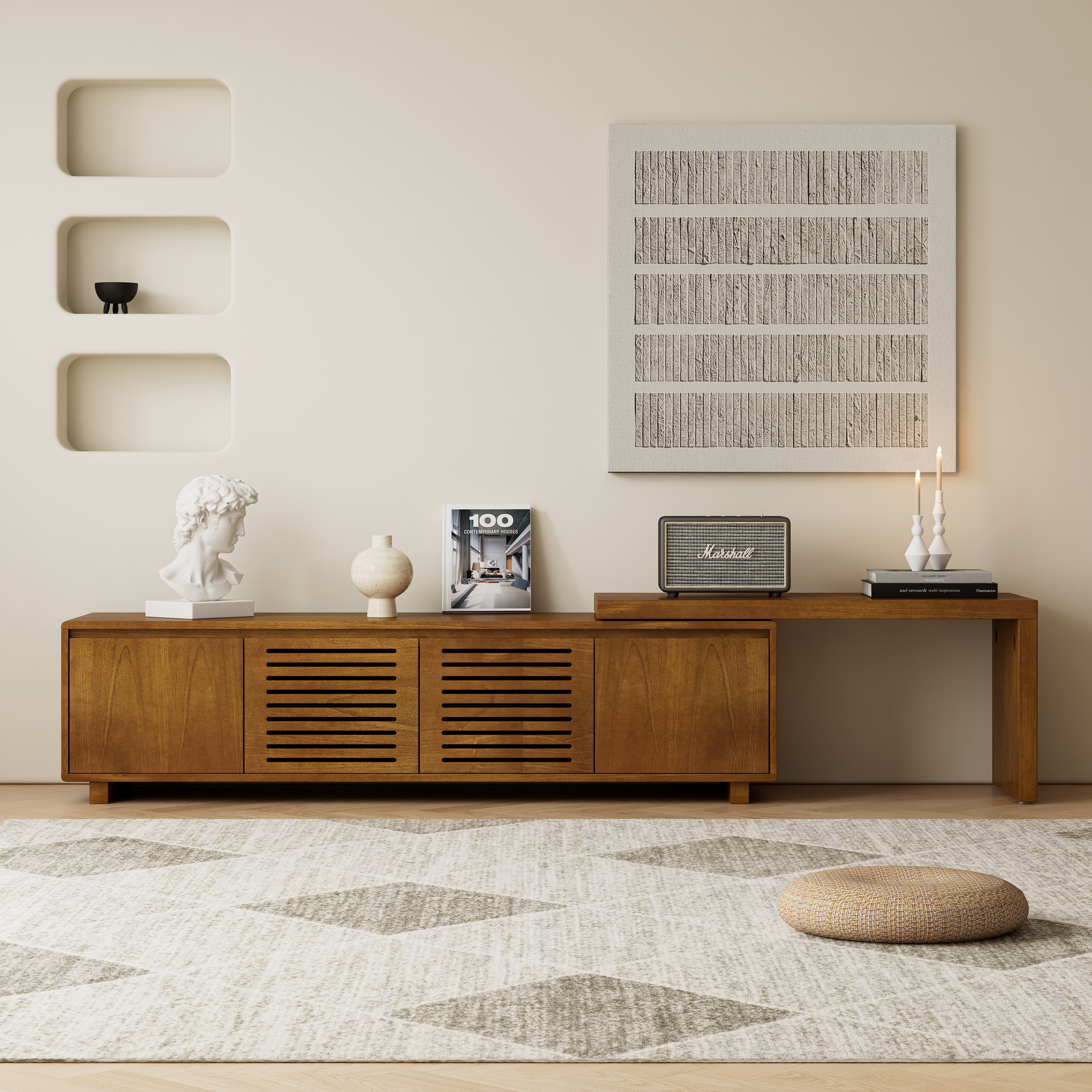 GDFStudio Felton Mid-Century Modern Rectangle Wood 63" Extendable TV Stand with Storage Space
