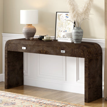 GDFStudio Norton 60" Wooden Entryway Console Table with Burl Veneer and Large Drawers, Dark Brown