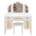 GDFStudio Lillian Boho Modern Wood Makeup Vanity Table with Tri-Fold Mirror, 13-Light Bulbs, 5 Drawers and Charging Station, White