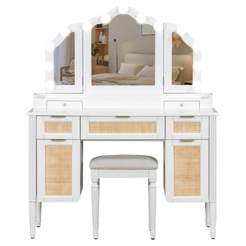 GDFStudio Lillian Boho Modern Wood Makeup Vanity Table with Tri-Fold Mirror, 13-Light Bulbs, 5 Drawers and Charging Station, White