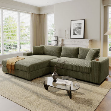 Christopher Knight Home Tess Oversized Corduroy Upholstered Sectional Sofa with Charging Ports and Cup Holders, Green