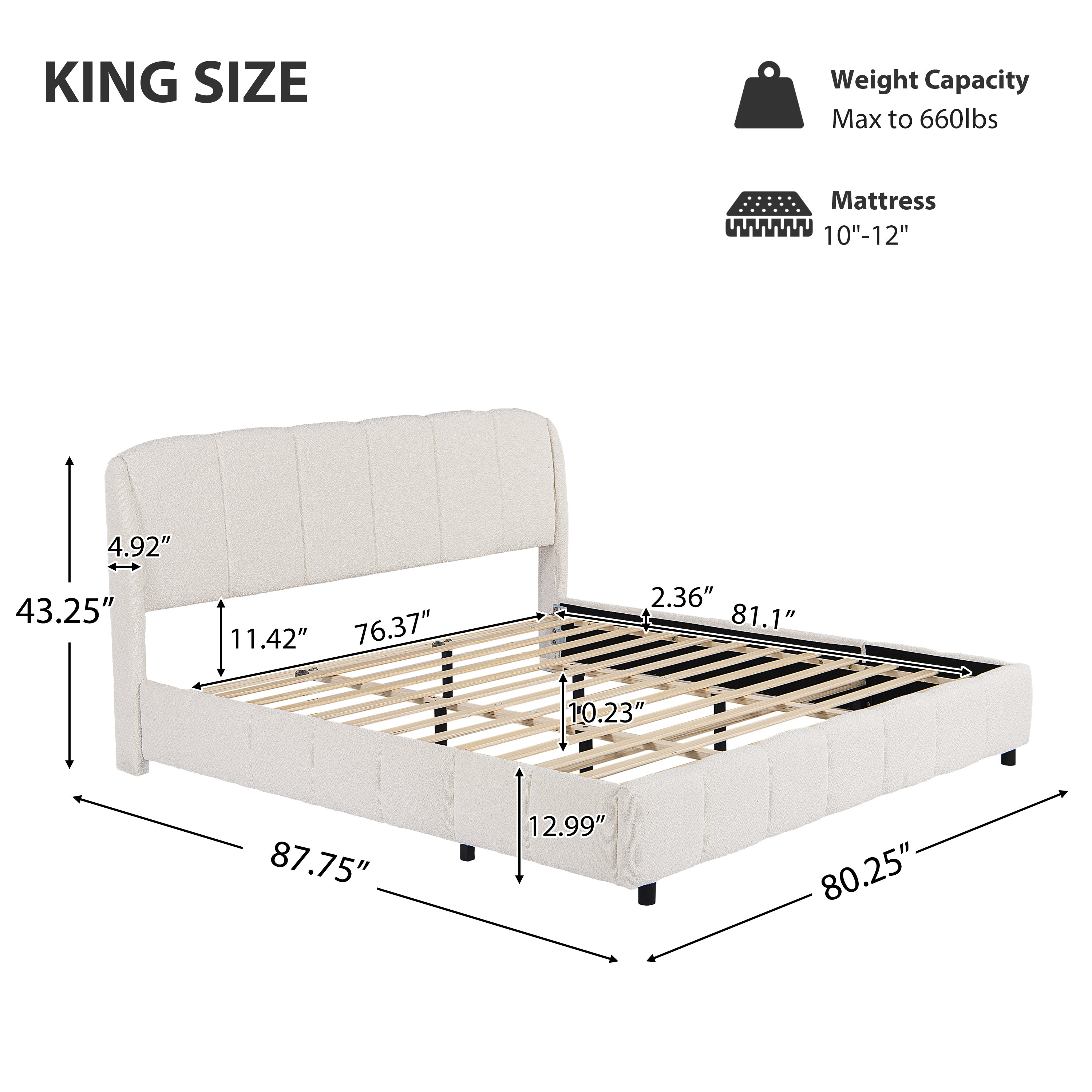 Christopher Knight Home Boucle Upholstered Platform Bed with Rounded Headboard & Sturdy Frame, King