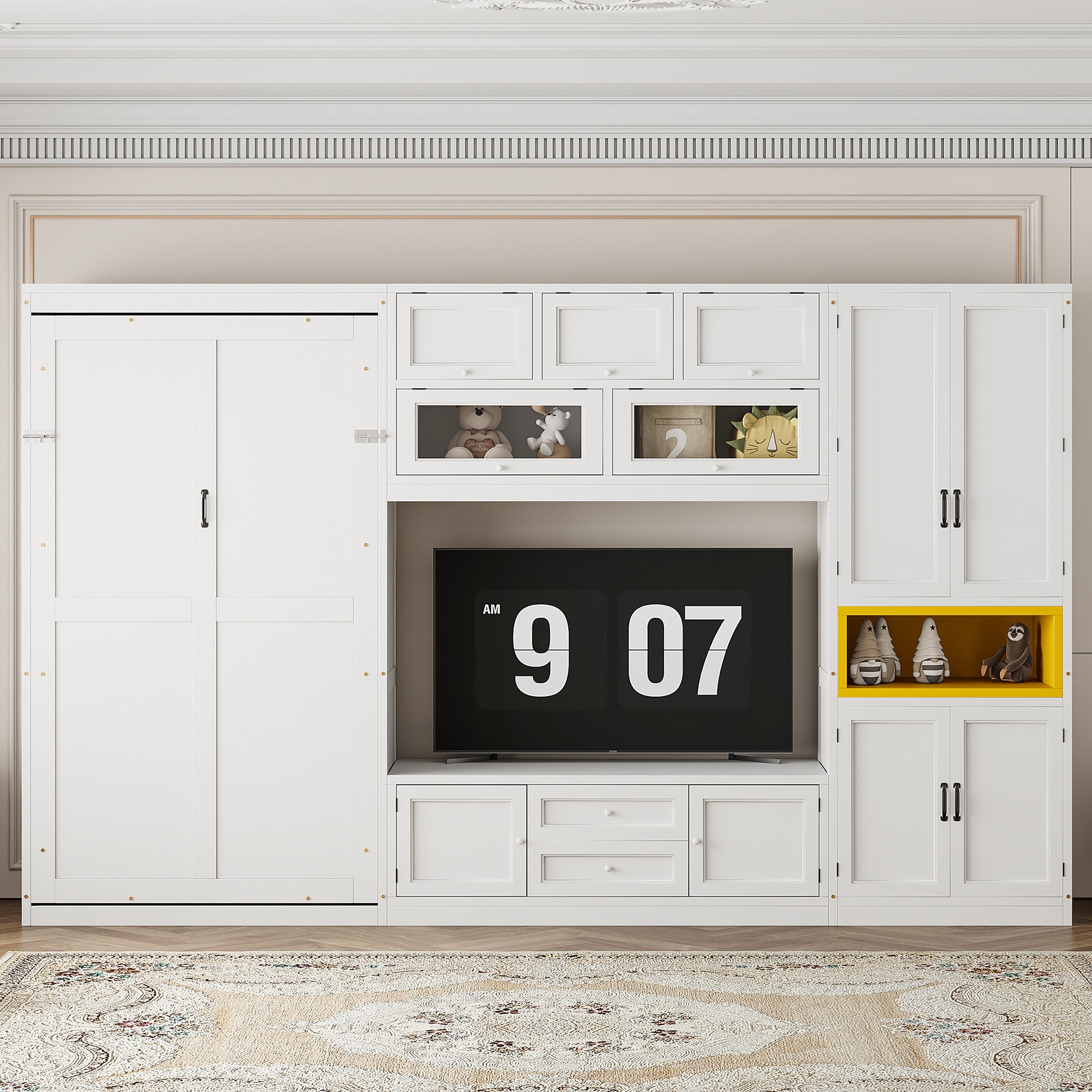 Twin Size Murphy Bed with TV Stand, Storage Drawers & Cabinets, Space-Saving Wall Bed for Small Rooms