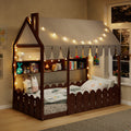 GDFStudio Lewis House Floor Bed with Fence Railings, Tent, Lights and 3 Storage Shelves, Espresso ,Twin Size