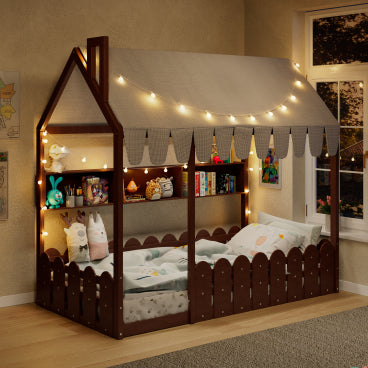 GDFStudio Lewis House Floor Bed with Fence Railings, Tent, Lights and 3 Storage Shelves, Espresso ,Twin Size