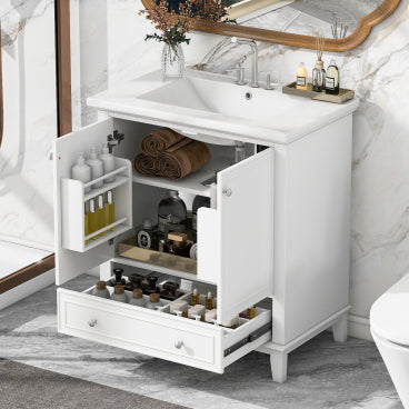 GDFStudio Bennett Modern Wood 30" Freestanding Bathroom Vanity with Ceramic Sink, Double Doors and Drawer Storage, White