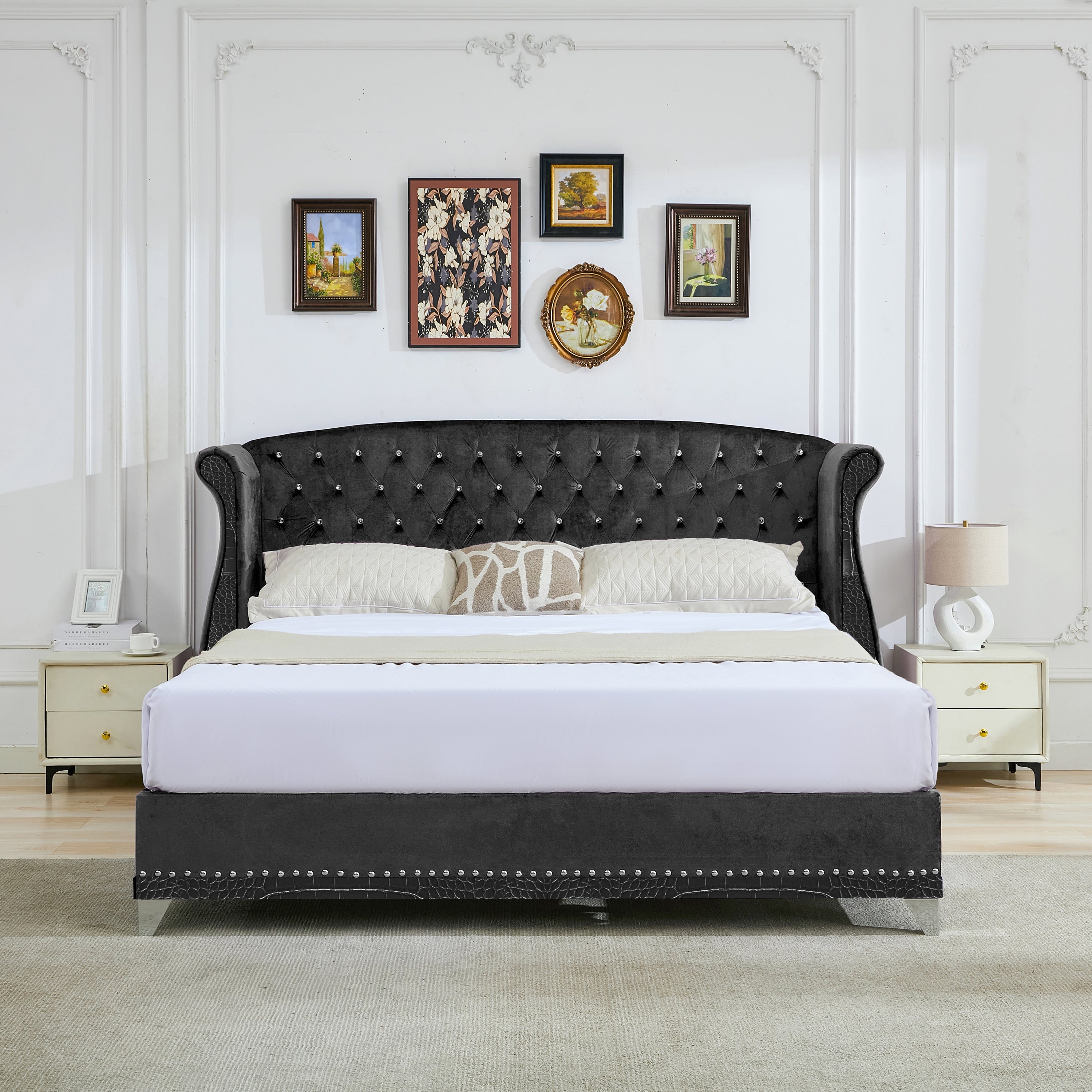Christopher Knight Home Modern Velvet Wingback Tufted Platform Bed with Nailhead Trim and Silver Legs