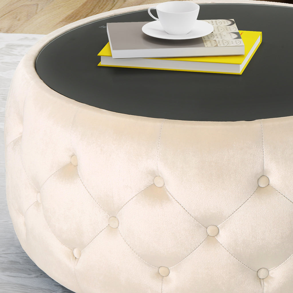 Christopher Knight Home Velvet Round Tufted Ottoman with Tempered Glass Top – Modern Glam Accent