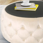 Christopher Knight Home Velvet Round Tufted Ottoman with Tempered Glass Top ¨C Modern Glam Accent