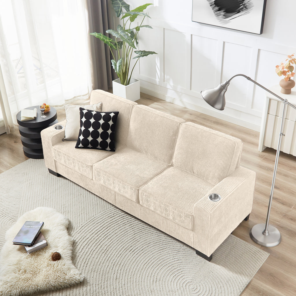GDFStudio Everly 84" Corduroy Couch with Built-In Cup Holders, Beige