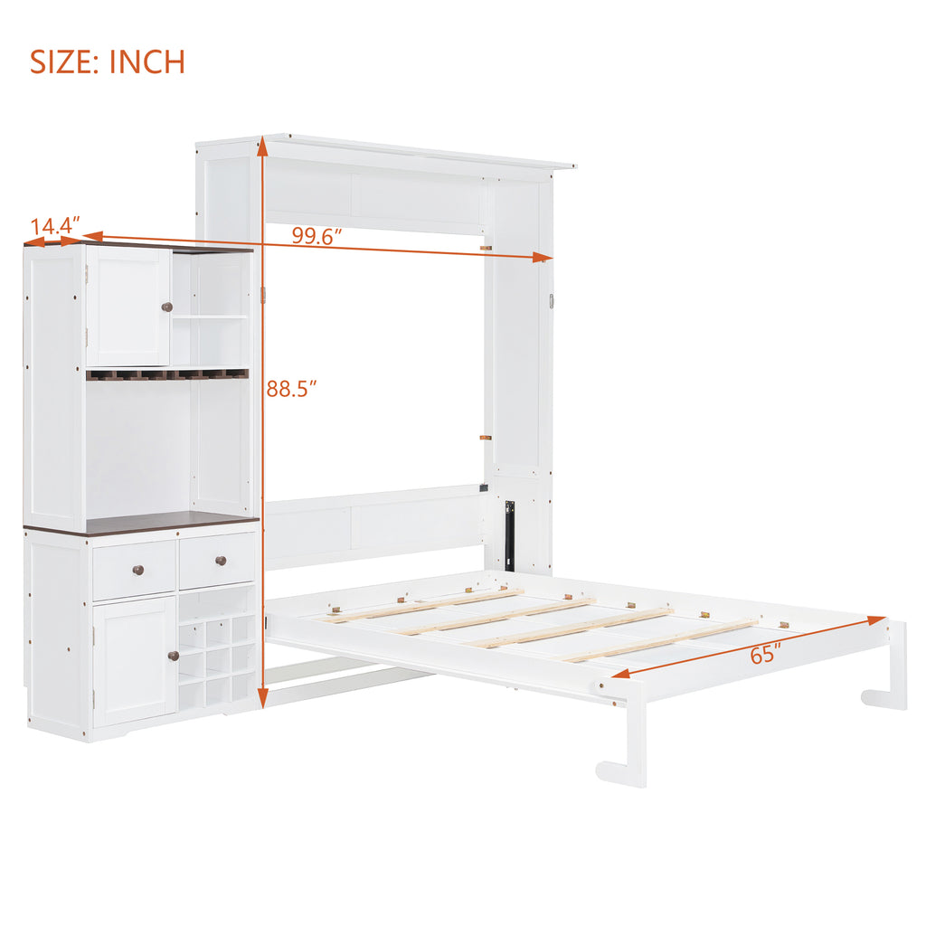 Queen Size Murphy Bed with Storage, Wine Rack & LED Lights – Space-Saving Wall Bed with Cabinets & Shelves for Modern Apartments