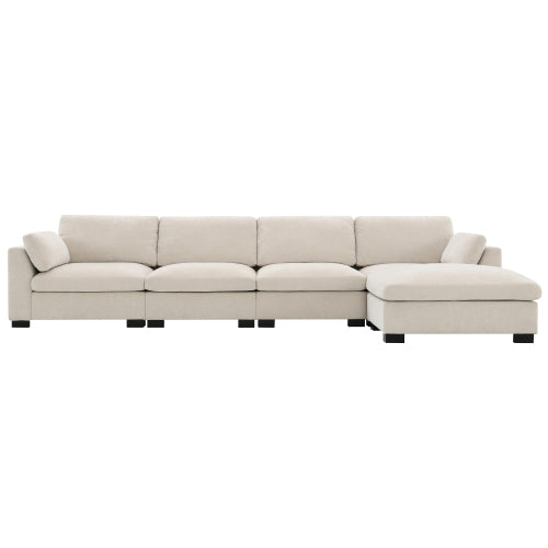 GDFStudio Lucas Modern 130" Chenille L-Shaped Modular Sectional Sofa with Ottoman, DUAL-PORT CHARGING and Folding Table, Beige