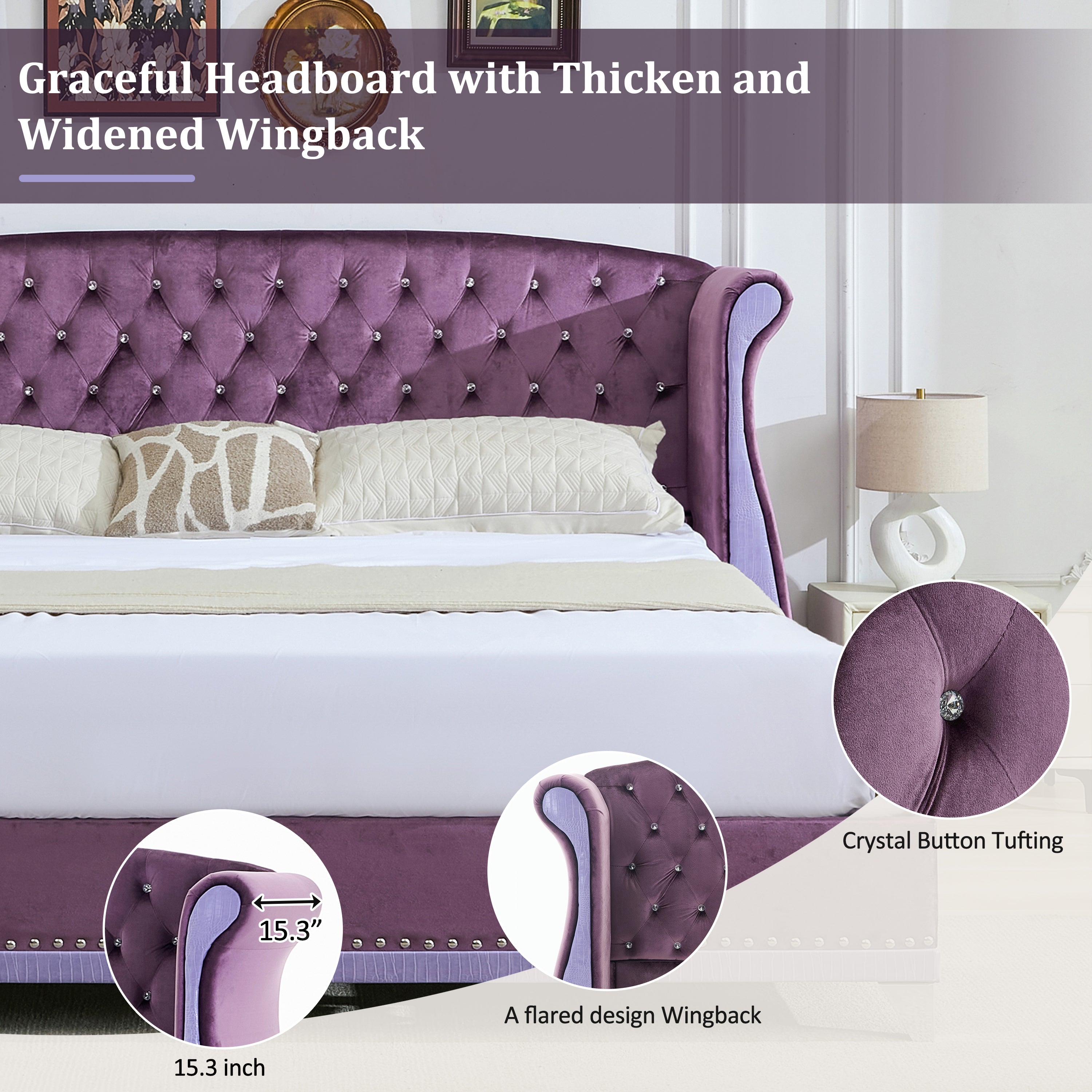 Christopher Knight Home Modern Velvet Wingback Tufted Platform Bed with Nailhead Trim and Silver Legs