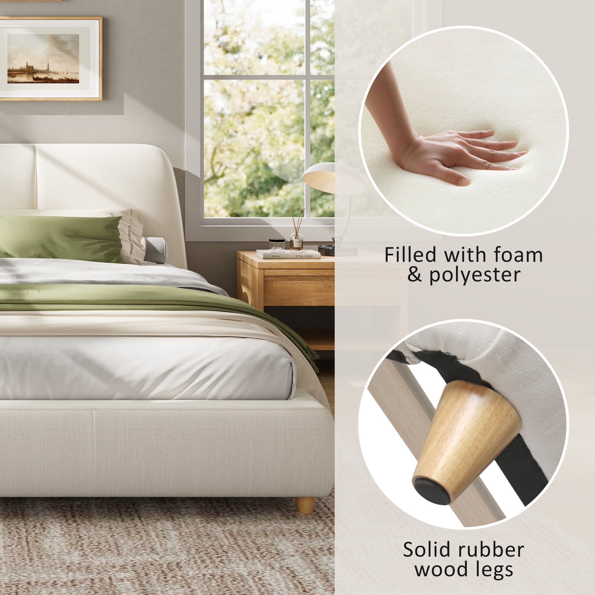 Christopher Knight Home Cotton Linen Upholstered Platform Bed with Solid Wood Legs & Metal Support Frame