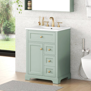 GDFStudio Laurel Modern 24" Wood Bathroom Vanity with Ceramic Sink, 3 Drawers and 2-Tire Door Storage Rack, Green