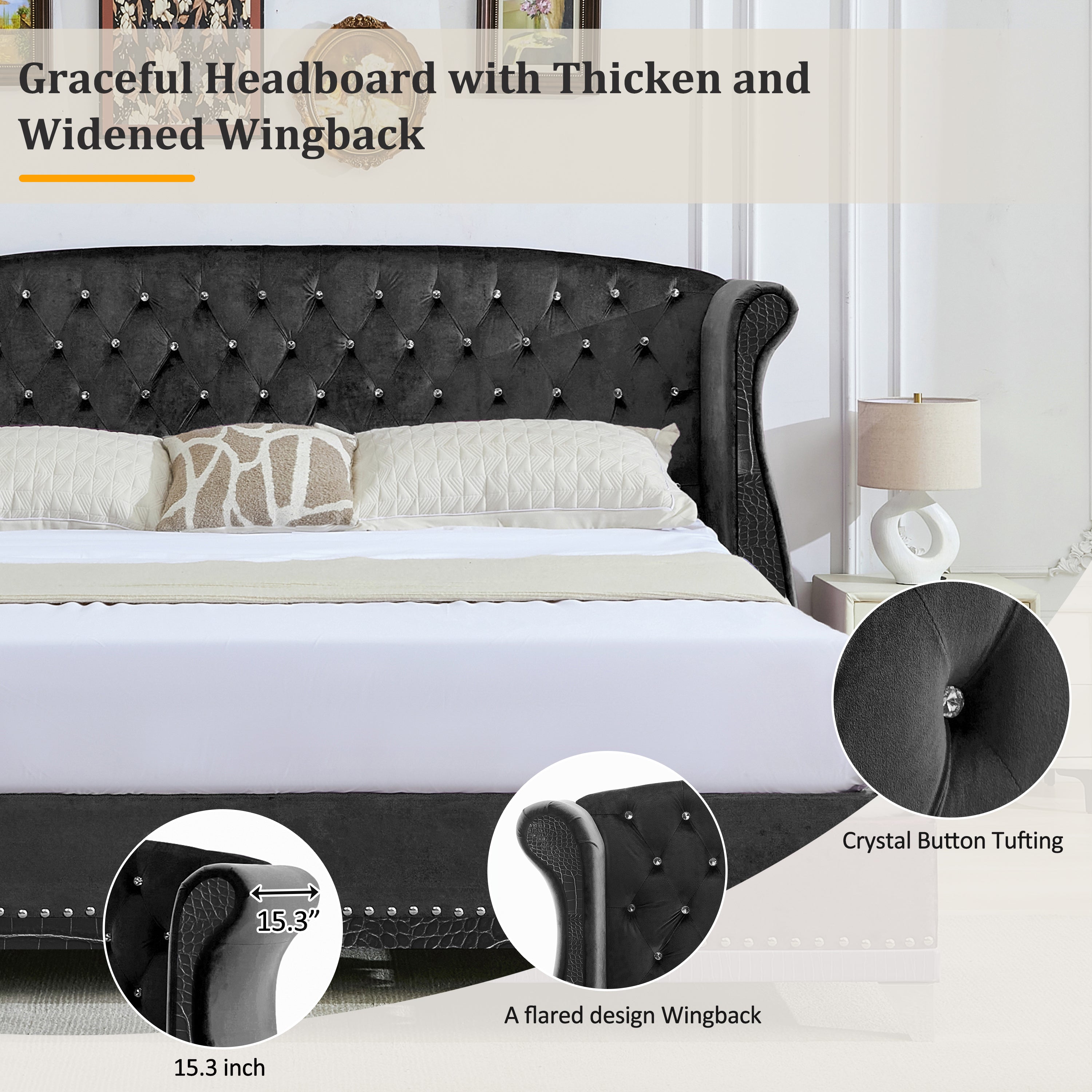 Christopher Knight Home Modern Velvet Wingback Tufted Platform Bed with Nailhead Trim and Silver Legs