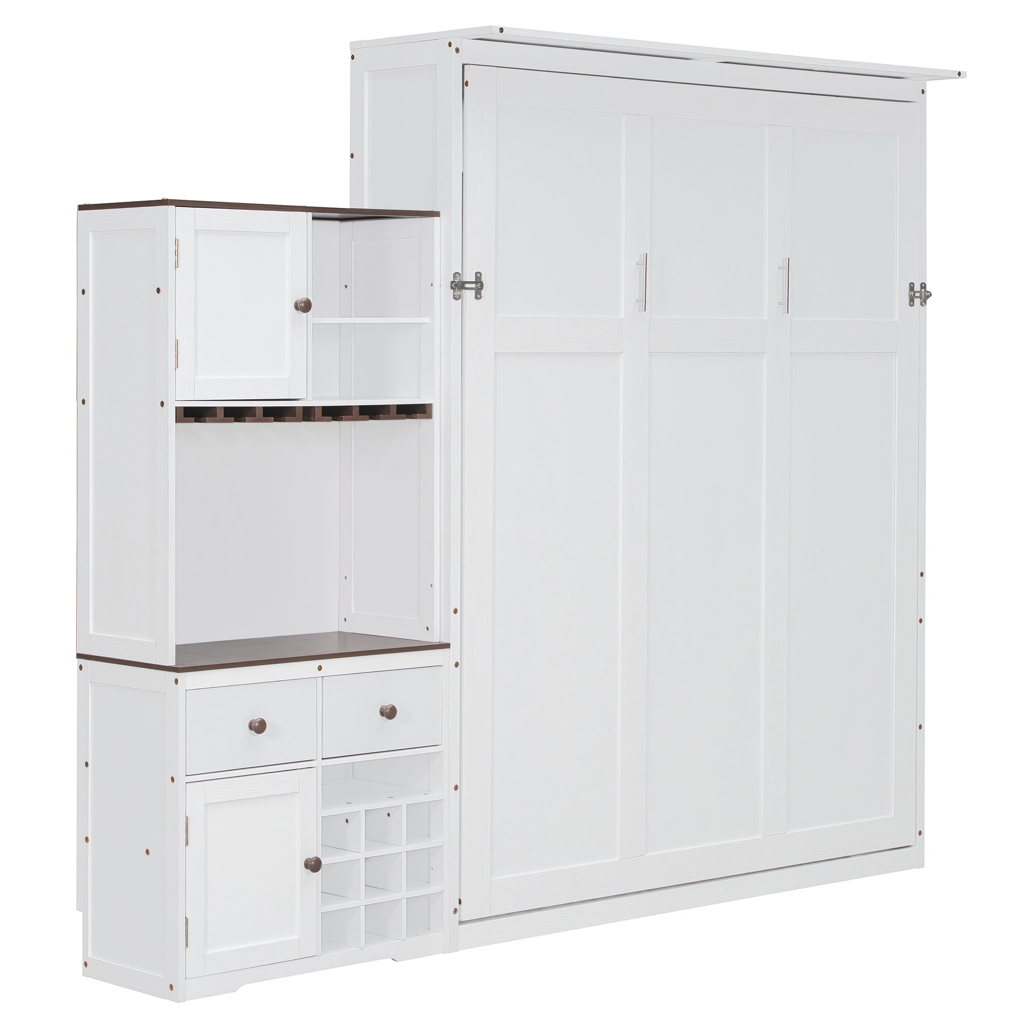 Queen Size Murphy Bed with Storage, Wine Rack & LED Lights – Space-Saving Wall Bed with Cabinets & Shelves for Modern Apartments