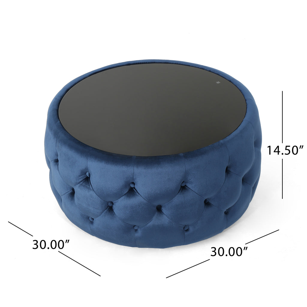 Christopher Knight Home Velvet Round Tufted Ottoman with Tempered Glass Top – Modern Glam Accent
