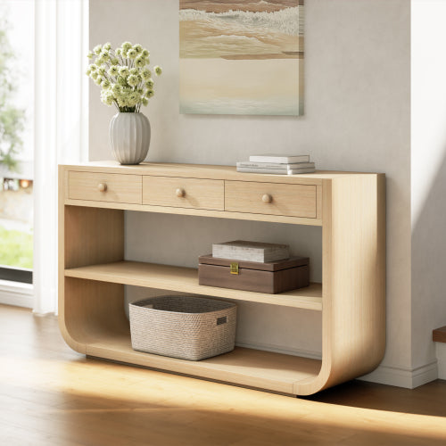 Christopher Knight Home Poppy Modern Curved Console Table with 3 Drawers and 2 Open Shelves, Natural