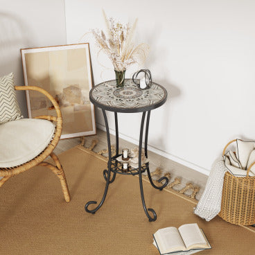 Christopher Knight Home Jaxon Patio Iron and Ceramic Tile Accent Table with Shelf, Colorful/ Black