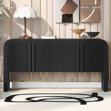 GDFStudio James 62.2" Wave-Pattern Console Table with 4 Doors and Adjustable Shelf, Black