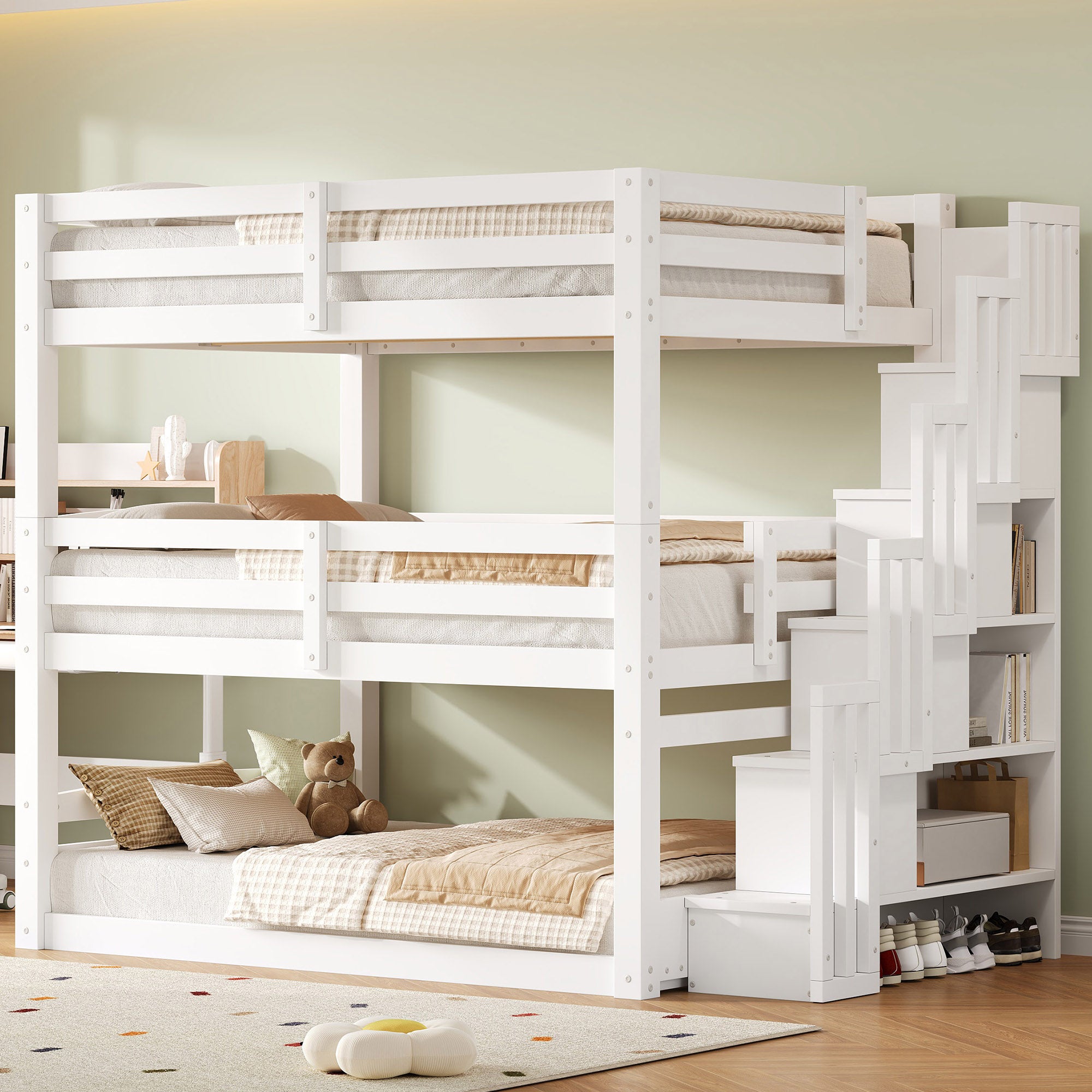 GDF Studio 3-in-1 Full-Size Convertible Bunk Bed with Storage Staircase