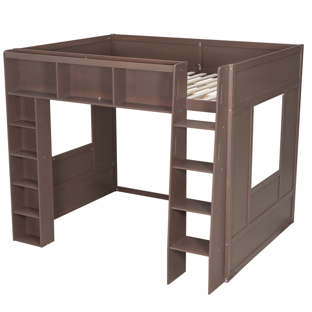 Queen Loft Bed with Storage Cabinets & Bookshelf, Solid Wood Loft Bed with Ladder for Small Bedrooms