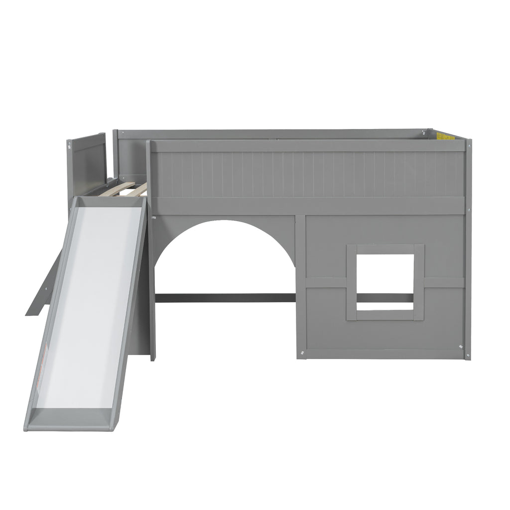 Kids Low Loft Bed with Slide & Storage Shelves, All-in-One Wooden Loft Bed with Underbed Play Fort