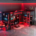 L-Shaped Twin Bunk Bed with LED Lights, USB Ports, TV Stand & Storage Shelves, Solid Wood Gaming Bed Frame