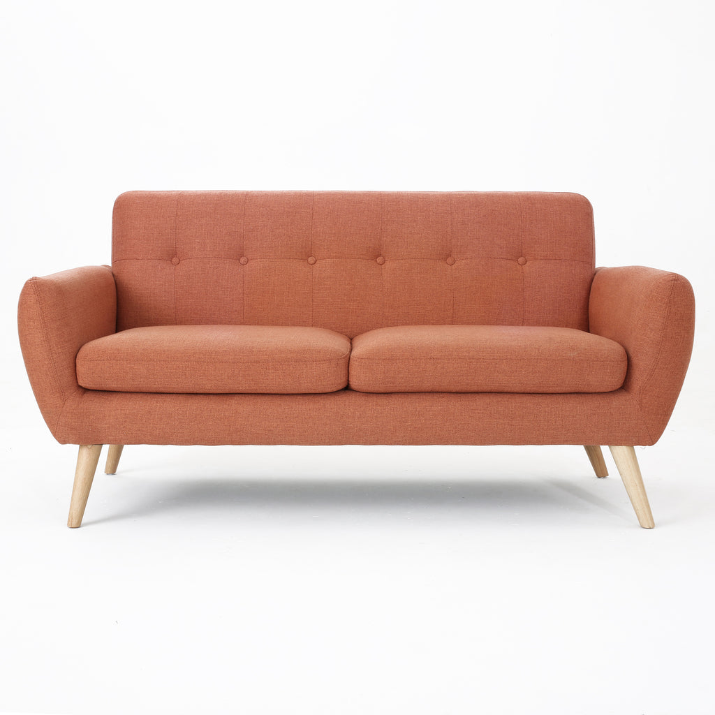 Mid-Century Modern Loveseat with Button-Tufted Waffle Stitch & Tapered Wood Legs ¨C Compact Small-Space Sofa