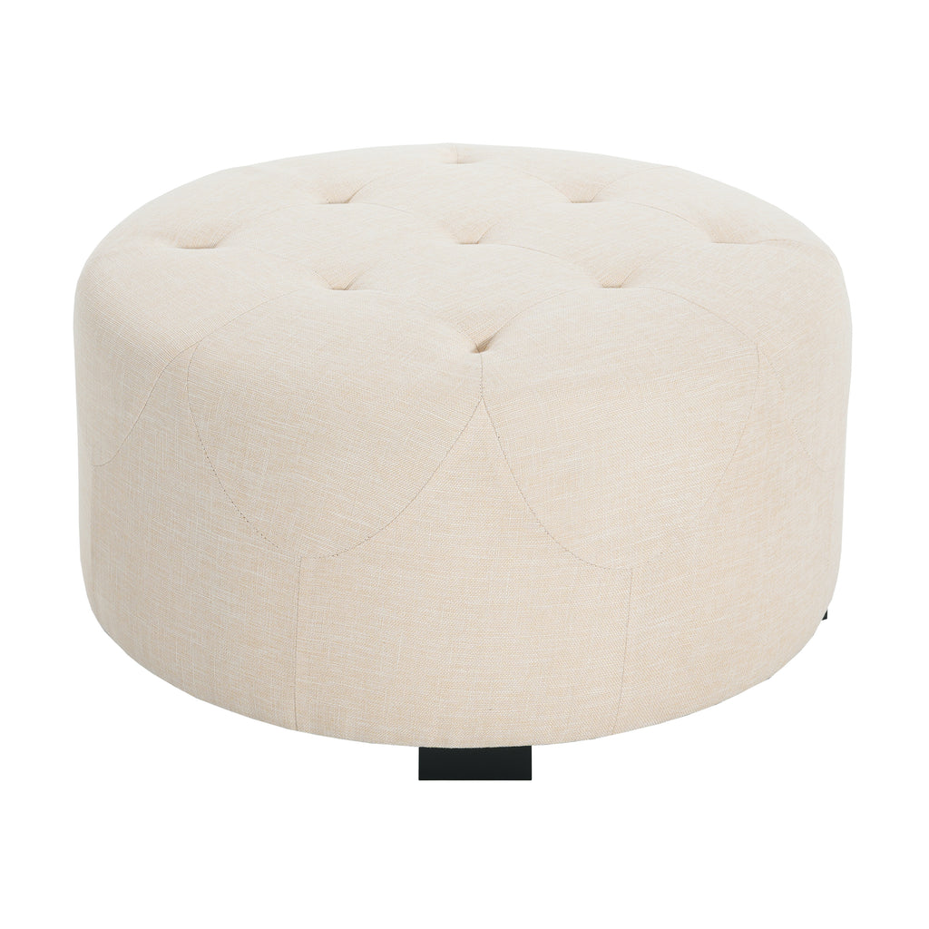 Christopher Knight Home Round Linen Ottoman with Button Tufted Design & Birch Wood Legs – Versatile Footstool and Extra Seating