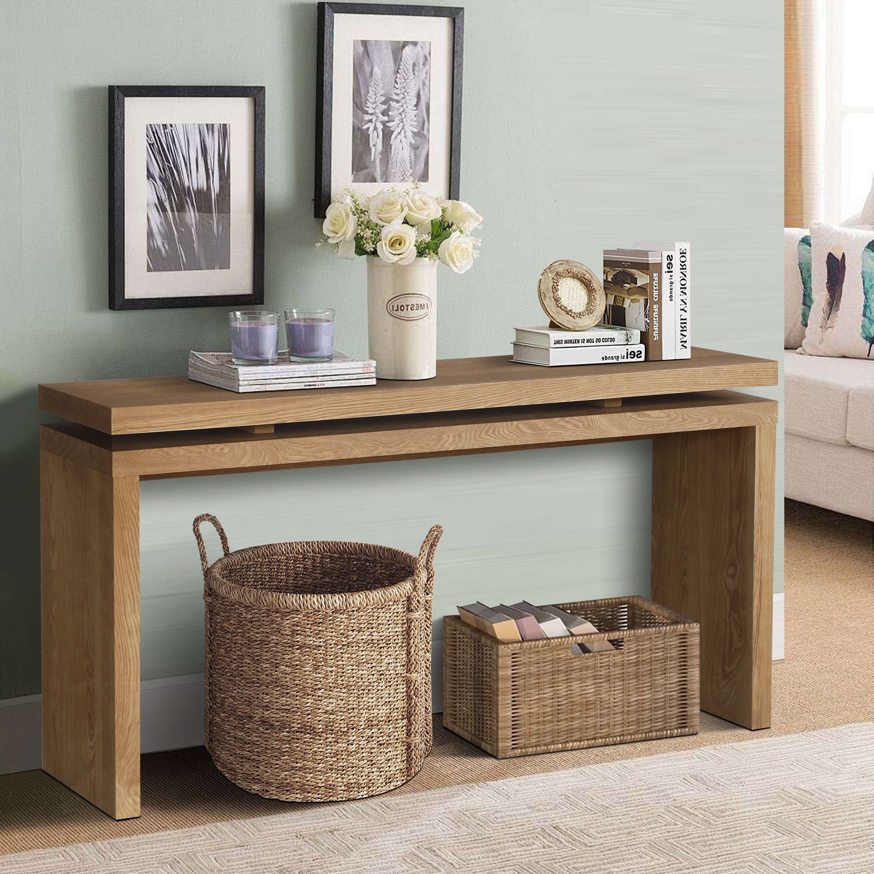 GDFStudio Esom 60" Farmhouse Wood Console Table with Double Board Suspension Shelves, Antique Brown