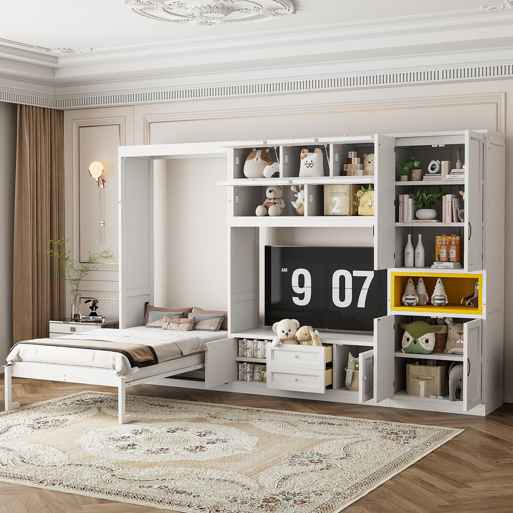 Twin Size Murphy Bed with TV Stand, Storage Drawers & Cabinets, Space-Saving Wall Bed for Small Rooms