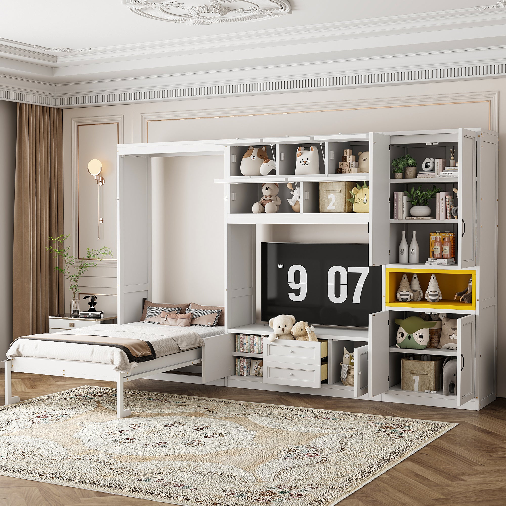 Twin Size Murphy Bed with TV Stand, Storage Drawers & Cabinets, Space-Saving Wall Bed for Small Rooms